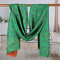 Kantha embroidered reversible silk scarf, 'Forest Tale' - Emerald and Russet Kantha Embroidered Reversible Silk Scarf