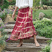 Embroidered cotton skirt, 'Palace Intrigue' - Embroidered Tie-Dyed Floral Long Cotton Skirt in Red Hue