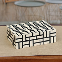 Resin decorative box, 'Hypnotic Maze' - Maze-Patterned Black and White Resin Decorative Box