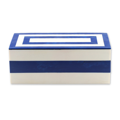 Resin decorative box, 'Oneiric Surroundings' - Minimalist Blue and White Resin Decorative Box from India