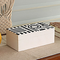 Resin decorative box, 'Dapper Signs' - Modern Black and White Resin Decorative Box from India