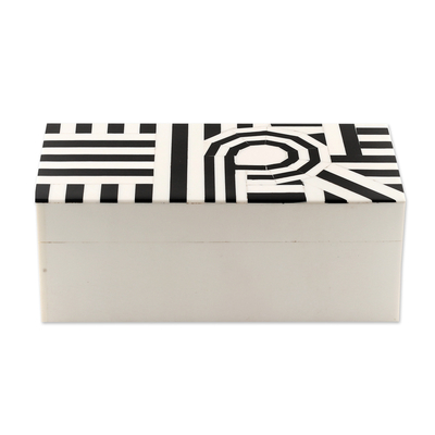 Resin decorative box, 'Dapper Signs' - Modern Black and White Resin Decorative Box from India