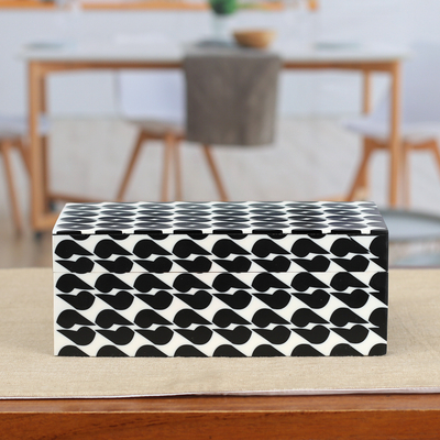 Resin decorative box, 'Kissing Shadows' - Patterned Black and White Resin Decorative Box from India