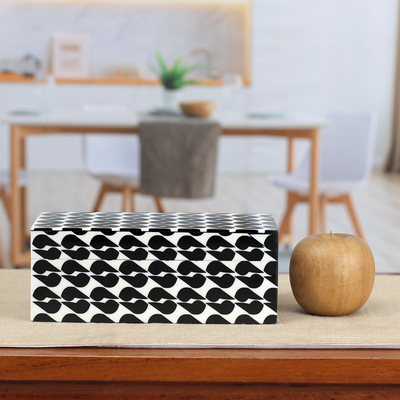 Resin decorative box, 'Kissing Shadows' - Patterned Black and White Resin Decorative Box from India