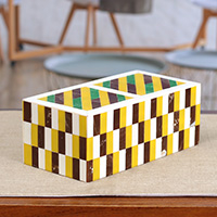 Resin decorative box, 'Checkered Creativity' - Patterned Yellow and Brown Resin Decorative Box from India