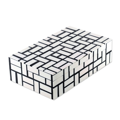 Resin decorative box, 'Hypnotic Maze' (large) - Maze-Patterned Black and White Resin Decorative Box (Large)
