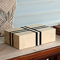 Resin decorative box, 'Ivory Ribbon' - Modern Handcrafted Black and Ivory Resin Decorative Box