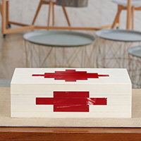 Resin decorative box, 'Red Emblem' - Geometric Star-Patterned Red and White Resin Decorative Box