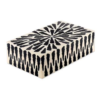 Resin decorative box, 'Shadows of Magnificence' - Handcrafted Patterned Black and Ivory Resin Decorative Box