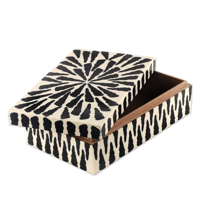 Resin decorative box, 'Shadows of Magnificence' - Handcrafted Patterned Black and Ivory Resin Decorative Box