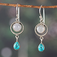 Rainbow moonstone and calcite dangle earrings, 'Harmonious Appeal' - Classic Rainbow Moonstone and Calcite Dangle Earrings