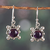 Amethyst dangle earrings, 'Wise Cosmos' - Sterling Silver and Amethyst Cabochon Dangle Earrings