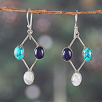 Multi-gemstone dangle earrings, 'Cosmic Jewel' - Diamond-Shaped Multi-Gemstone Dangle Earrings from India