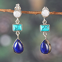 Multi-gemstone dangle earrings, 'Blue Ode' - Sterling Silver Multi-Gemstone Dangle Earrings from India
