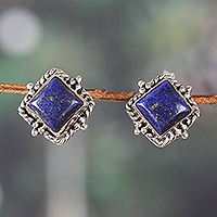 Lapis lazuli button earrings, 'Jewels of Majesty' - Lapis Lazuli Cabochon and Sterling Silver Button Earrings