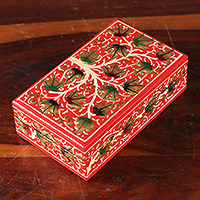 Papier mache decorative box, 'Red Nature' - Tree-Themed Red and Golden Papier Mache Decorative Box