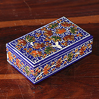 Papier mache decorative box, 'Sapphire Nature' - Tree-Themed Sapphire and Golden Papier Mache Decorative Box