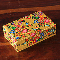 Papier mache decorative box, 'Golden Scenes' - Floral Hand-Painted Yellow Papier Mache Decorative Box