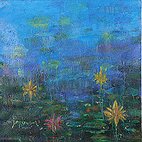 'The Lilies in the Pond' - Impressionist Blue Acrylic Floral Pond Painting from India