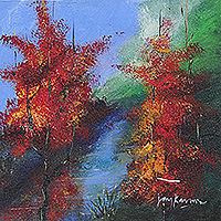 'Red Fantasy' - Impressionist Autumn-Themed Acrylic Forest Painting
