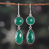 Onyx dangle earrings, 'Verdant Glam' - Sterling Silver Dangle Earrings with Green Onyx Stones