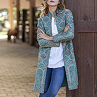 Cashmere wool Jamawar jacket, Teal Palace