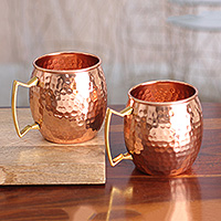 Copper mugs, 'Tavern Style' (pair) - Pair of Handcrafted Copper and Brass Mugs from India