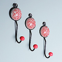 Ceramic coat hooks, 'Floral Muse in Red' (set of 3) - Set of Three Floral Red Ceramic and Brass Coat Hooks