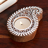 Wood tealight candle holder, 'Paisley Glow' - Hand-Carved Mango Wood Paisley Tealight Candle Holder