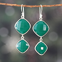 Onyx dangle earrings, 'Dazzling Green Kites' - Silver Dangle Earrings with Checkerboard Green Onyx Stones