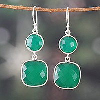 Onyx dangle earrings, 'Dazzling Duo in Green' - Silver Dangle Earrings with Faceted Green Onyx Stones