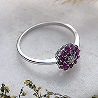 Rhodium-plated ruby cocktail ring, 'Petal Soft in Pink' - Artisan-Crafted Floral Rhodium-Plated Ruby Cocktail Ring