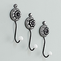 Ceramic coat hooks, 'Floral Black' (set of 3) - Set of 3 Ceramic Coat Hooks with Hand-Painted Floral Motifs