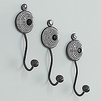 Ceramic coat hooks, 'Spiral Magic' (set of 3) - Set of 3 Ceramic Coat Hooks with Hand-Painted Spiral Motifs