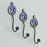 Ceramic coat hooks, 'Blue Appeal' (set of 3) - Set of 3 Hand-Painted Ceramic Floral and Leaf Coat Hooks