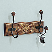 Wood coat rack, 'Classic Style' - Hand-Carved Beech Wood and Iron Floral Coat Rack from India