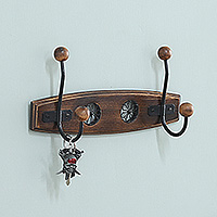 Wood coat rack, 'Floral Glory' - Wood Iron Coat Rack Adorned with Floral Jali-Style Openwork