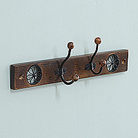 Wood coat rack, 'Floral Dreams' - Wood Iron Coat Rack with Floral Jali-Style Openwork Motifs