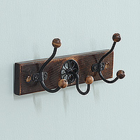 Wood coat rack, 'Floral Charm' - Wood Iron Coat Rack with Floral Jali Style Openwork Accent