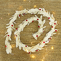 Wool felt garland, 'Winter Decorations' - Wool Felt Leaf Holiday Garland in White and Red from India