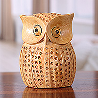 Wood sculpture, 'King of the Night' - Kadam Wood Sculpture of an Owl Adorned with Dot Accents