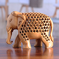 Wood sculpture, 'Regal Giant' - Hand-Carved Jali-Inspired Kadam Wood Elephant Sculpture