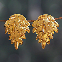Brass drop earrings, 'Cascade of Leaves' - High-Polished Leafy Embossed Brass Drop Earrings