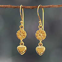 Brass dangle earrings, 'Floral Incantation' - Flower and Heart-Themed Polished Brass Dangle Earrings