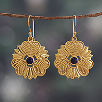 Lapis lazuli dangle earrings, 'Crowns of Intellect' - Heart and Flower-Themed Lapis Lazuli Dangle Earrings