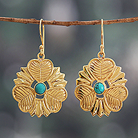 Brass dangle earrings, 'Crowns of Calm' - Heart and Flower-Themed Recon Turquoise Dangle Earrings