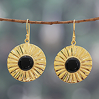 Onyx dangle earrings, 'Solar Mysticism' - Sun-Themed Polished Brass and Onyx Dangle Earrings