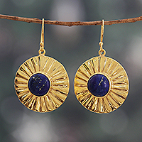 Lapis lazuli dangle earrings, 'Solar Intellect' - Sun-Themed Polished Brass and Lapis Lazuli Dangle Earrings
