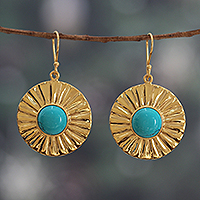 Brass dangle earrings, 'Solar Calm' - Sun-Themed Brass and Recon Turquoise Dangle Earrings