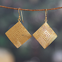 Brass dangle earrings, 'Diamond Routes' - Diamond-Shaped Polished Brass Dangle Earrings from India